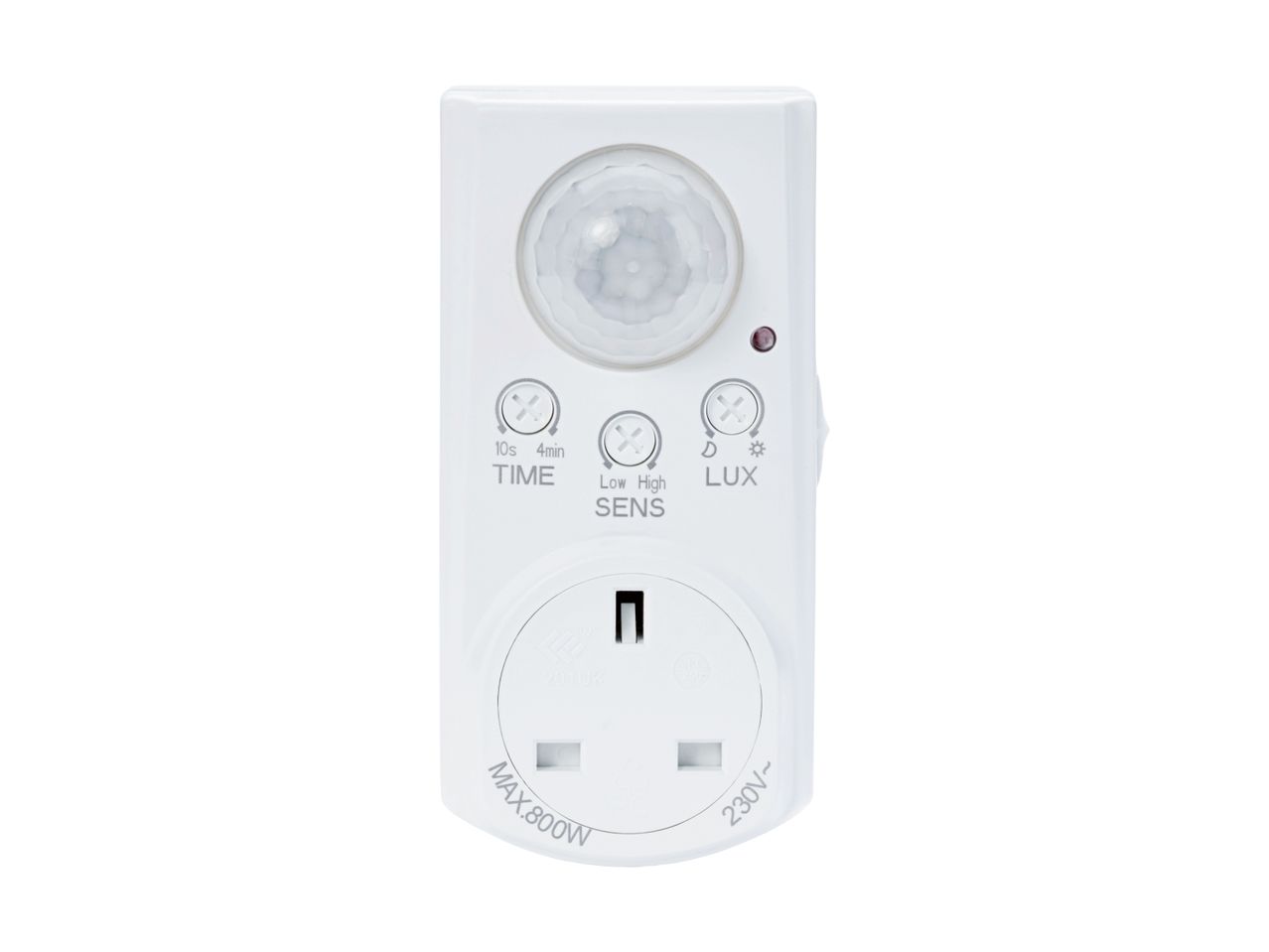 White plug-in motion sensor with adjustable time, sensitivity, and light level settings, rated MAX. 800W, 230V~.