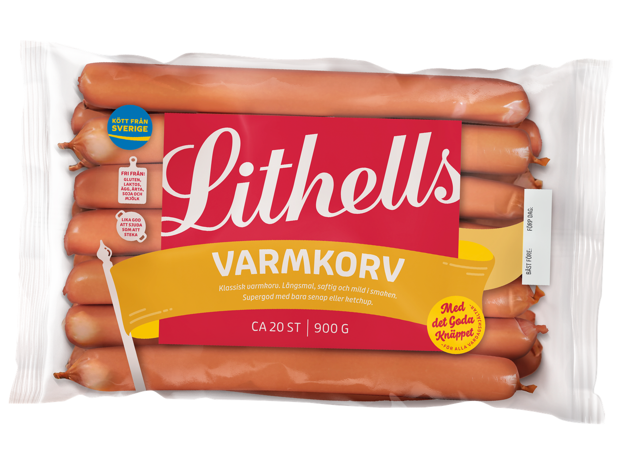 Ett paket Lithells varmkorv, märkt med 'Kött från Sverige' och information om allergener.