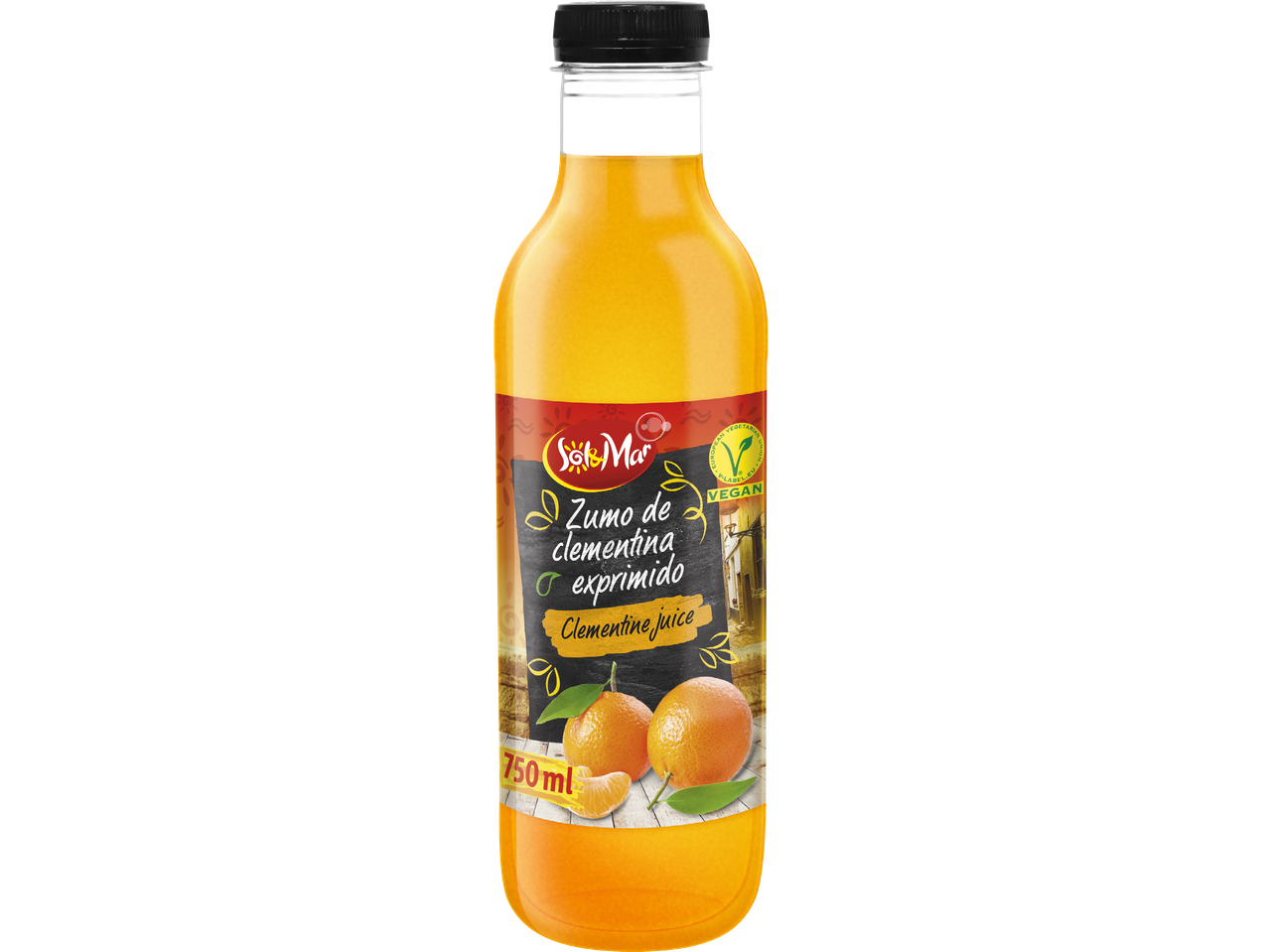 Flaska med klementinjuice med texten 'Zumo de clementina exprimido' och 'Clementine juice'.