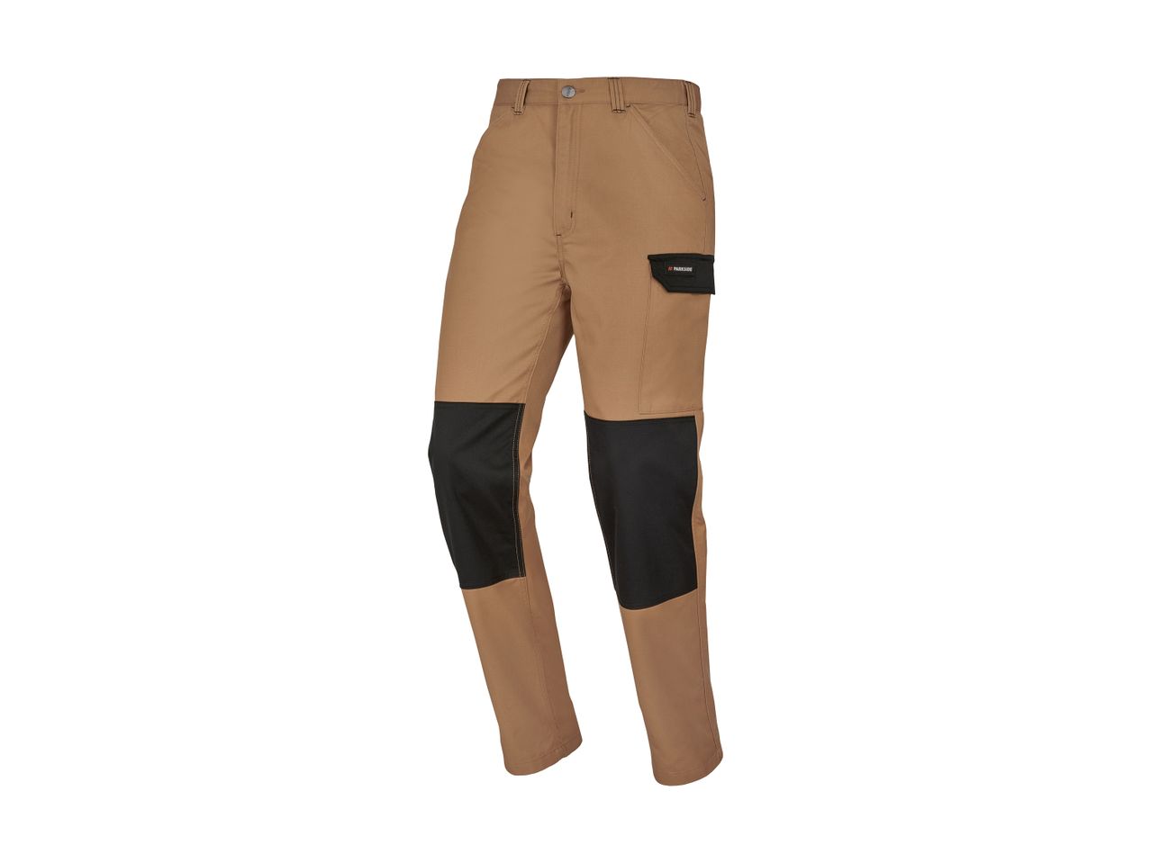 Brown work trousers with black knee pads and a black side pocket with a logo.