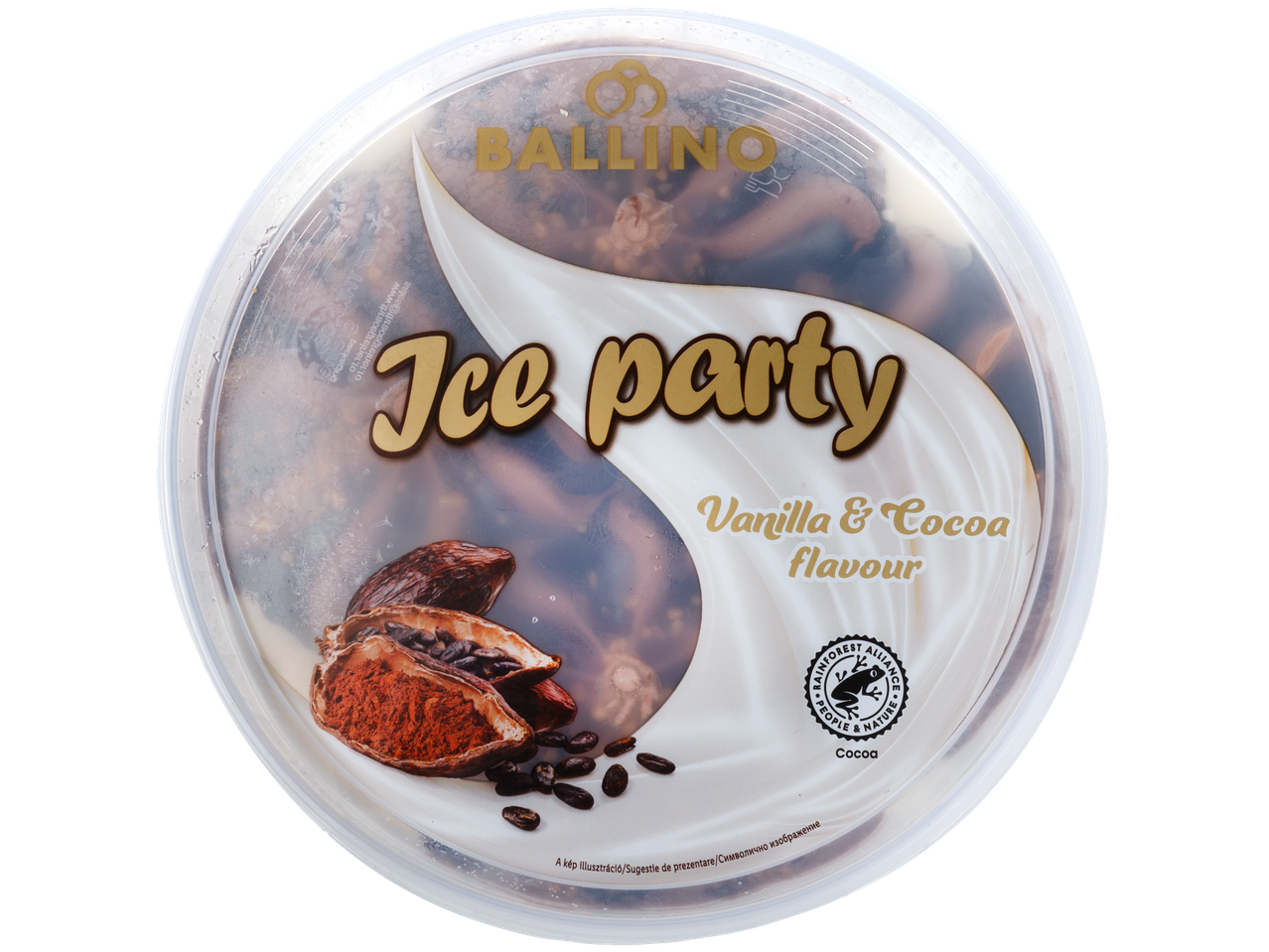 Inghețată Ballino Ice Party aromă vanilie și cacao într-un recipient din plastic.