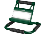 Luz de trabalho LED verde com pegas pretas e painel de luz branco.