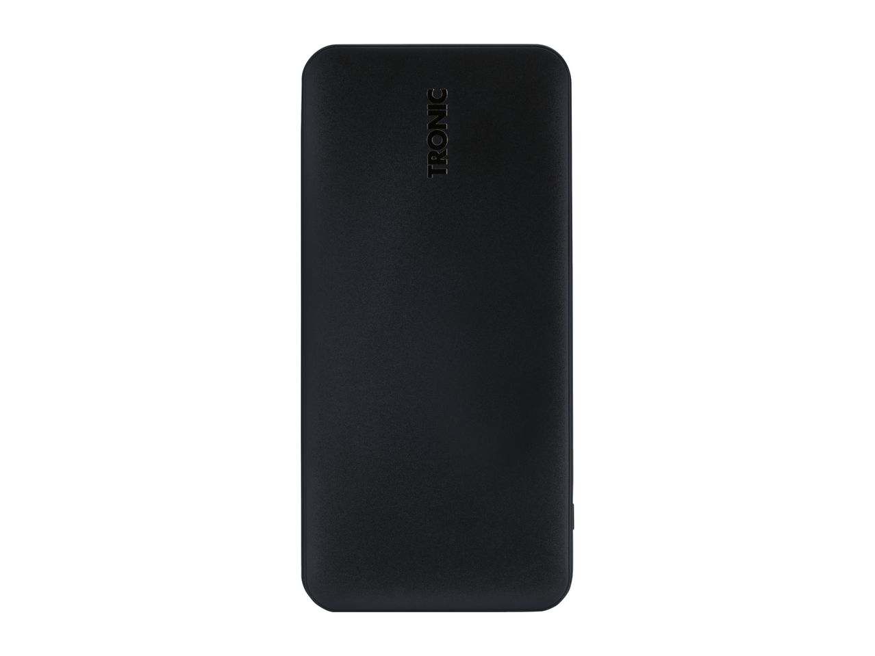 Black power bank with a textured surface and embossed text.
