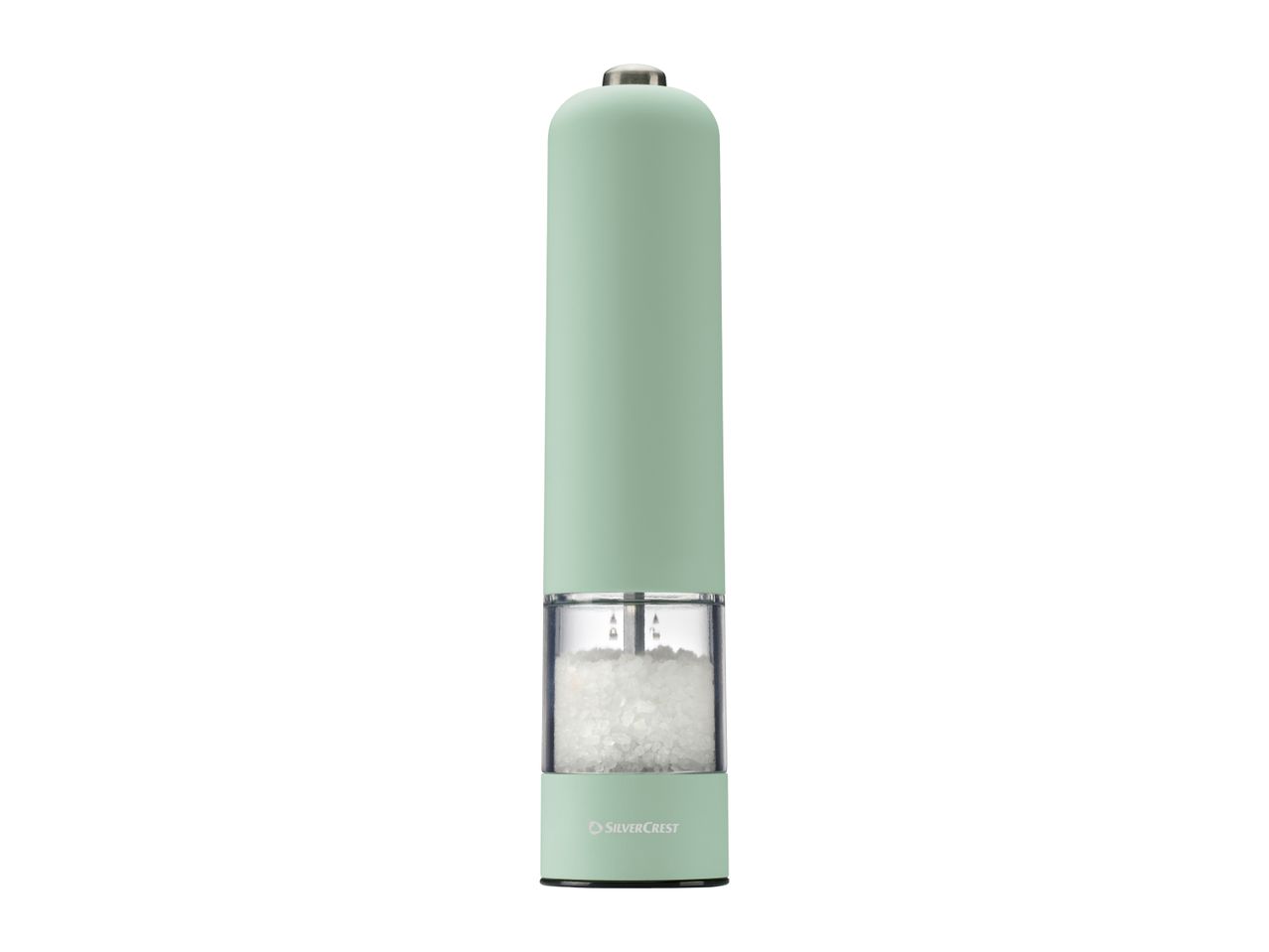 A light green electric salt or pepper mill with a clear chamber filled with white crystals.