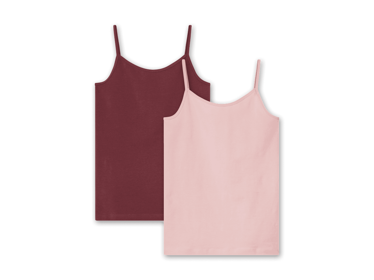 Zwei Damen-Spaghettiträgertops in Burgund und Rosa.