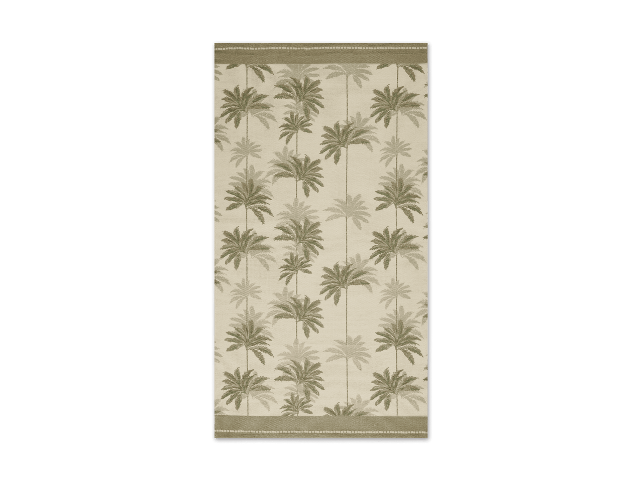 Beiger Teppich mit Palmenmuster und grünem Rand