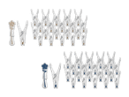 Zwei Reihen von weißen, menschenähnlichen Figuren in einheitlicher Kleidung.