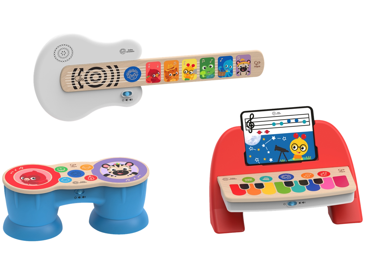 Hape Baby Einstein musical toys: a guitar, drum, and piano with colorful animal characters.