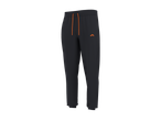 Tamsiai pilkos sportinės kelnės su oranžiniais raišteliais ir logotipu.