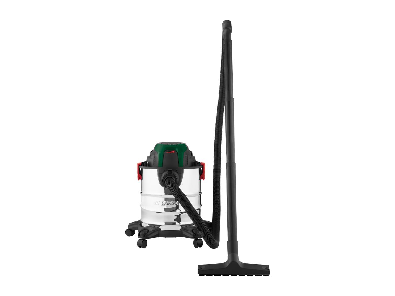 Wet and dry vacuum cleaner with a clear tank, green and black top, and a long hose.