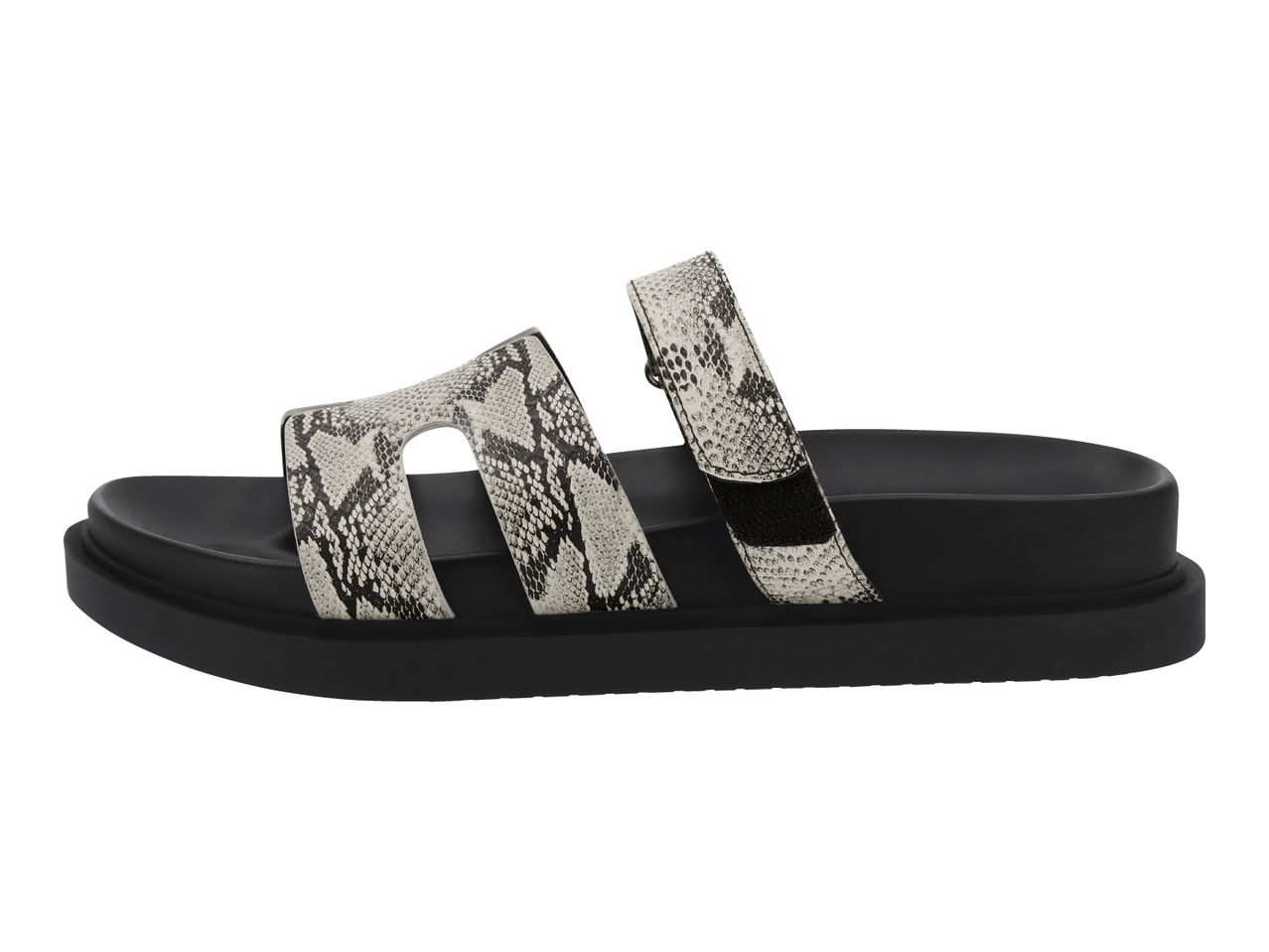 Black and white snakeskin pattern slide sandals with two straps and a thick sole.