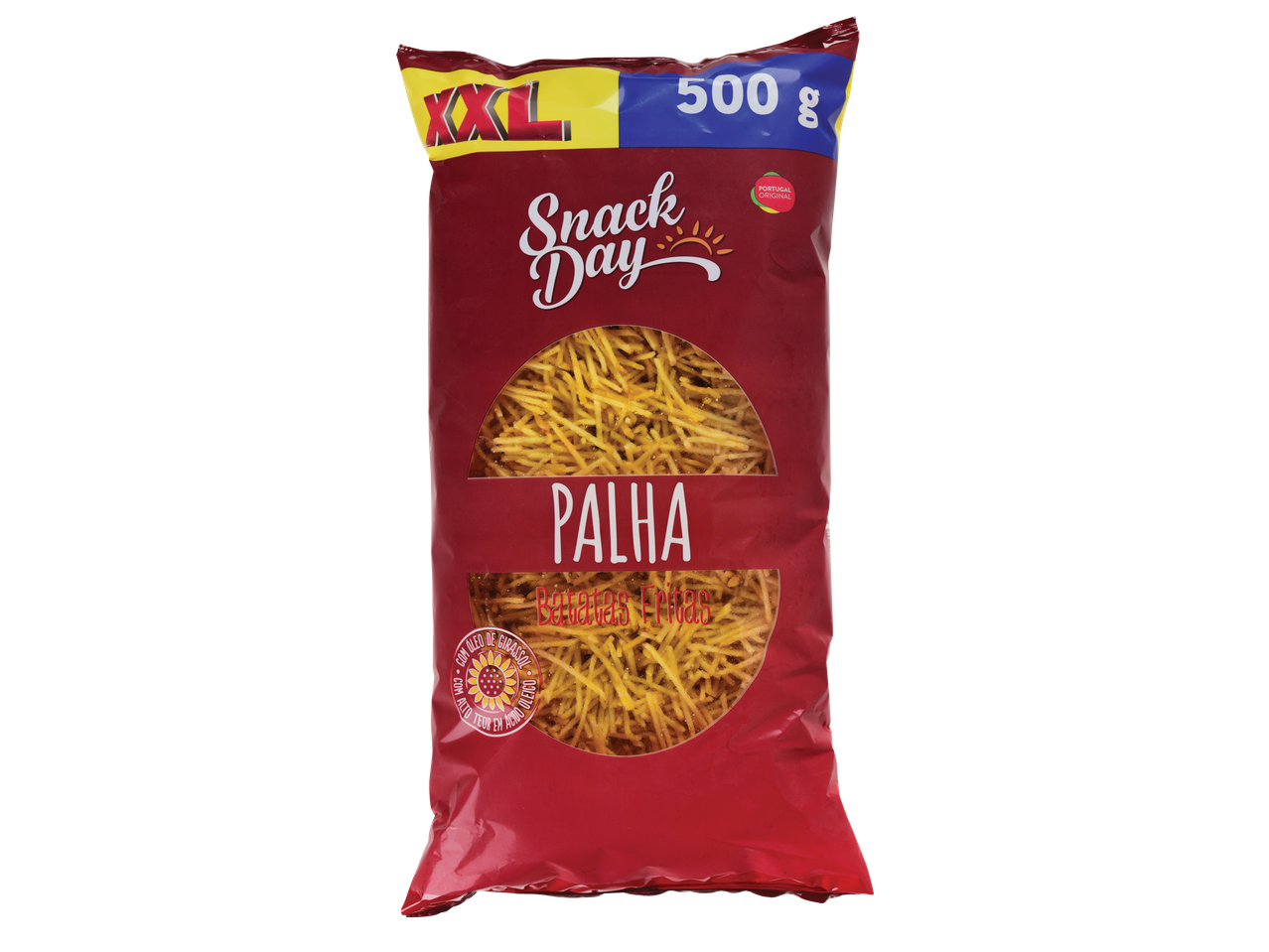 Um saco de 500g de batatas fritas palha da marca Snack Day.