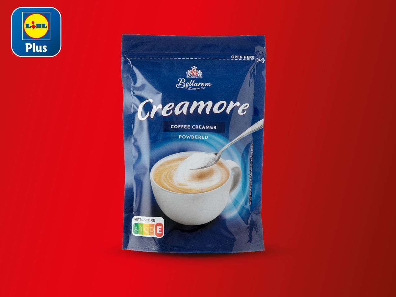 Pakiranje Bellarom Creamore kave u prahu s Nutri-Score oznakom i logotipom Lidl Plus.