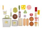 Toy fast food set with burger boxes, ingredients, drinks, and fries.
