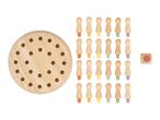 Wooden memory game with a round board, colorful pegs, and a die.