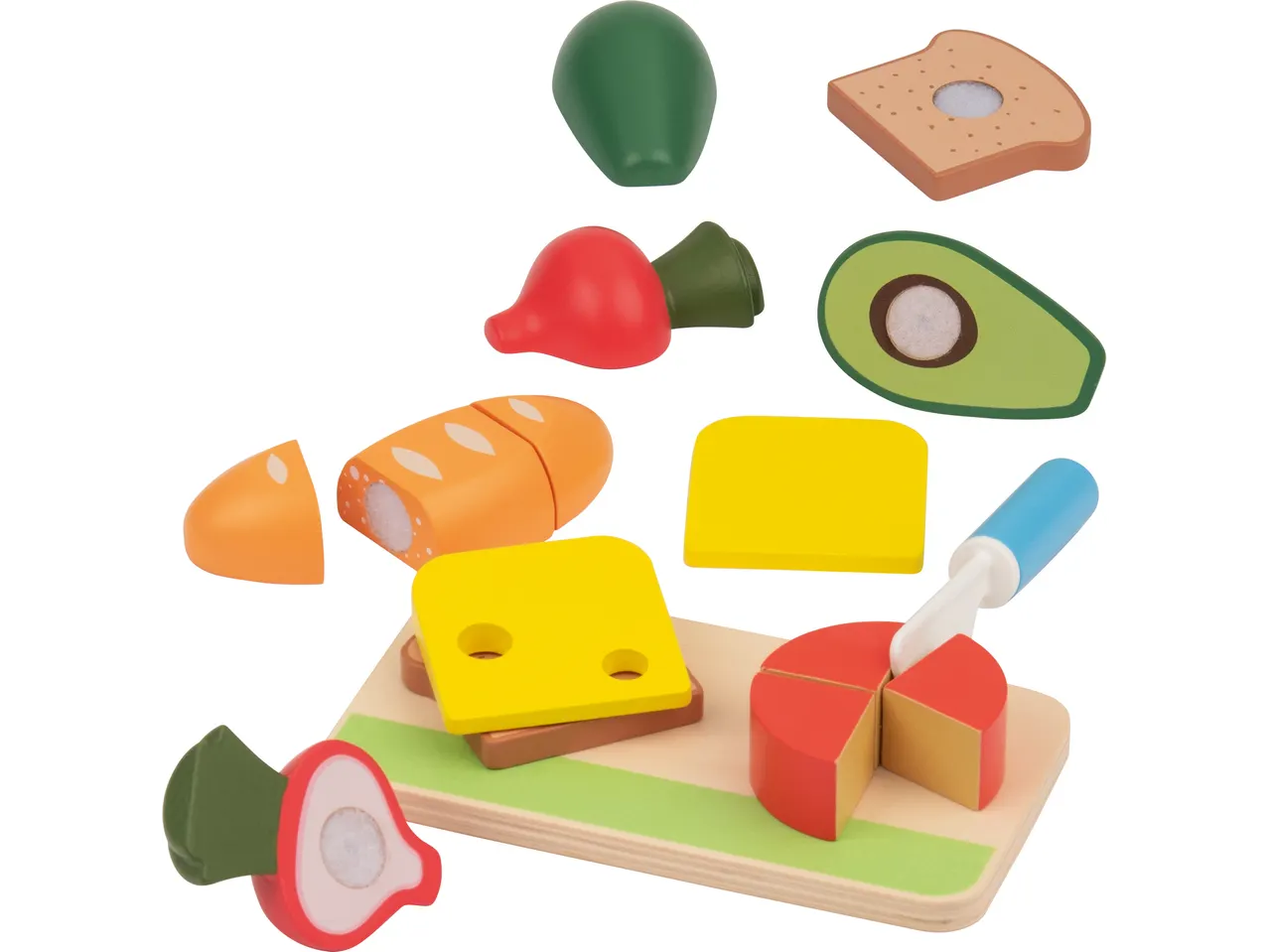 LUPILU® puidust toidumänguasjad, sealhulgas leib, juust, avokaado ja köögiviljad.