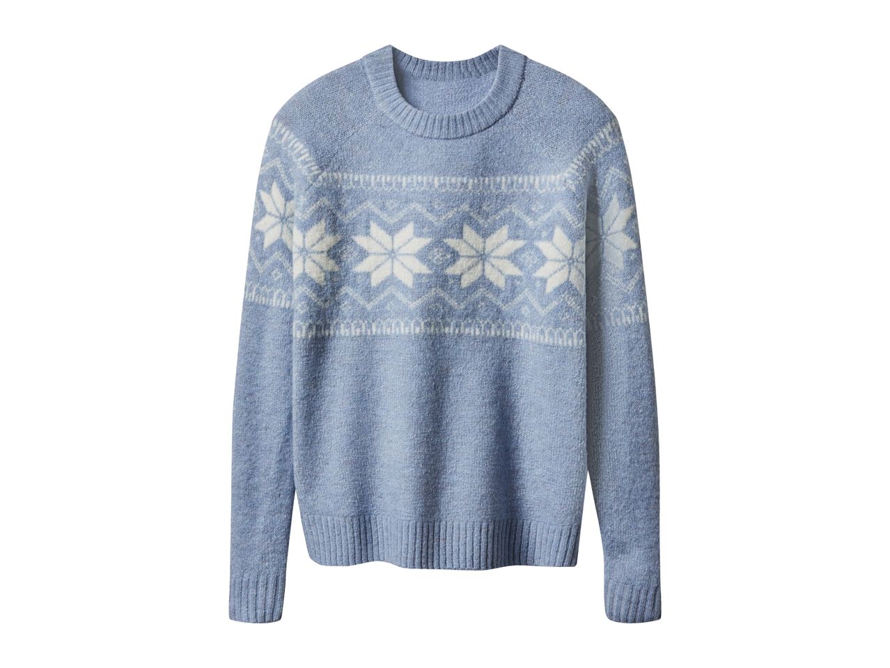 Light blue knit sweater with a white snowflake pattern across the chest