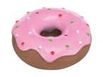 En lyserød donut med farvede drys.