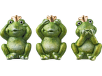 Três figuras de jardim de sapos reais, representando 'não vejo, não ouço, não falo'.