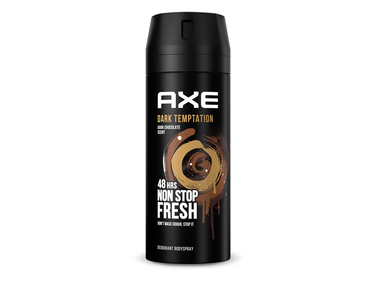 Zwarte deodorant bodyspray met 'Dark Temptation' en 'Dark Chocolate Scent' tekst.