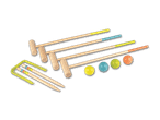 Krocket-Set aus Holz mit Schlägern, Bällen und Toren in verschiedenen Farben.
