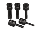 Fünf schwarze Bohrer in verschiedenen Größen (16mm, 12mm, 10mm, 8mm, 6mm) mit geriffelten Spitzen.