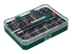 Screwdriver bit set with various bits, sockets, and a screwdriver handle in a clear case.