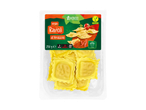 Veganistische ravioli all'Arrabbiata in een verpakking van 250 g, met een kooktijd van 4 minuten.