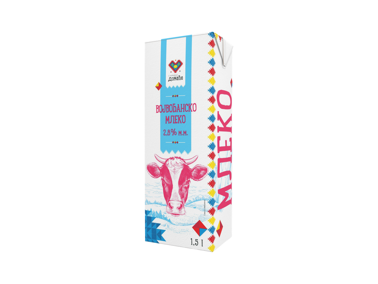 Karton mleka sa ilustracijom krave i tradicionalnim motivima, sa natpisom „Vojvođansko mleko 2,8% m.m., 1,5 l“.