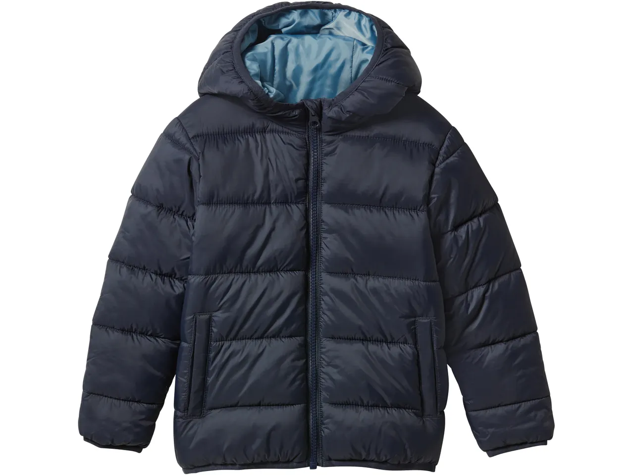 Dark blue puffer jacket with a light blue lining in the hood