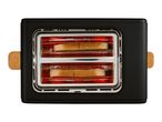 Black toaster with two slices of bread toasting inside, glowing red heating elements visible.