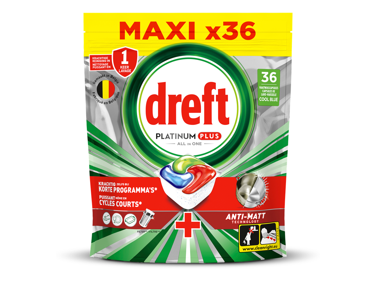 Maxi verpakking met 36 vaatwascapsules voor krachtige reiniging, zelfs bij korte programma's.