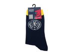 A pair of dark blue socks with a white Scottish crest, yellow cuffs, and a 'Socks 2 Pack' label.