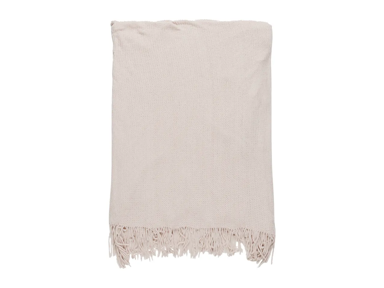 Soft, light pink knitted throw blanket with decorative fringe at the bottom.