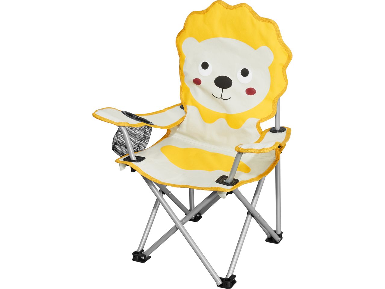 Sedia pieghevole per bambini a forma di leone, gialla e bianca.