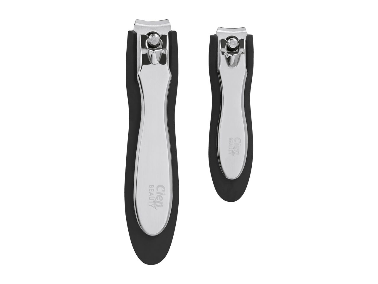 Two nail clippers, one larger and one smaller, with black handles and silver metal parts.