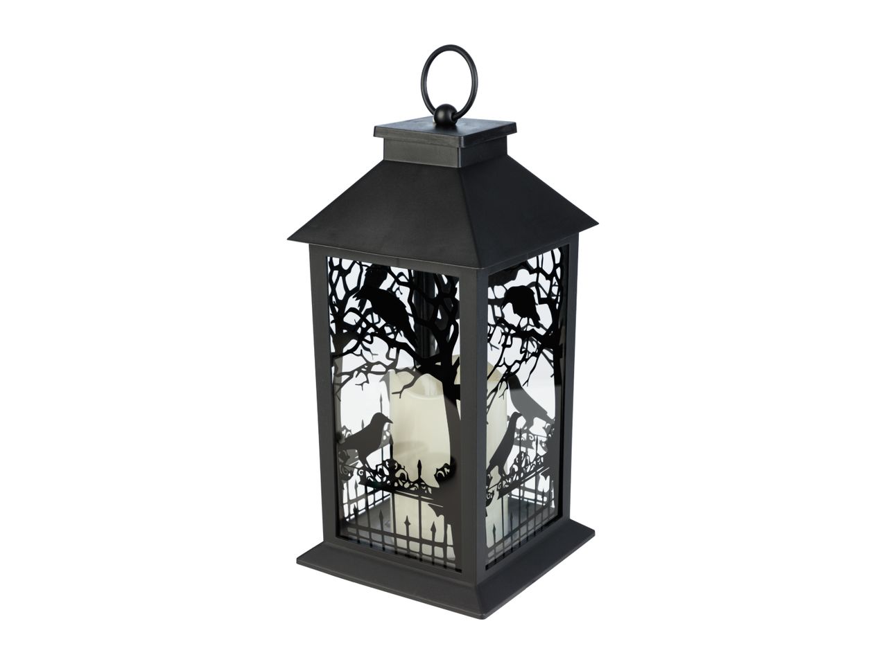 Black Halloween lantern with spooky tree and crow silhouettes and a candle inside
