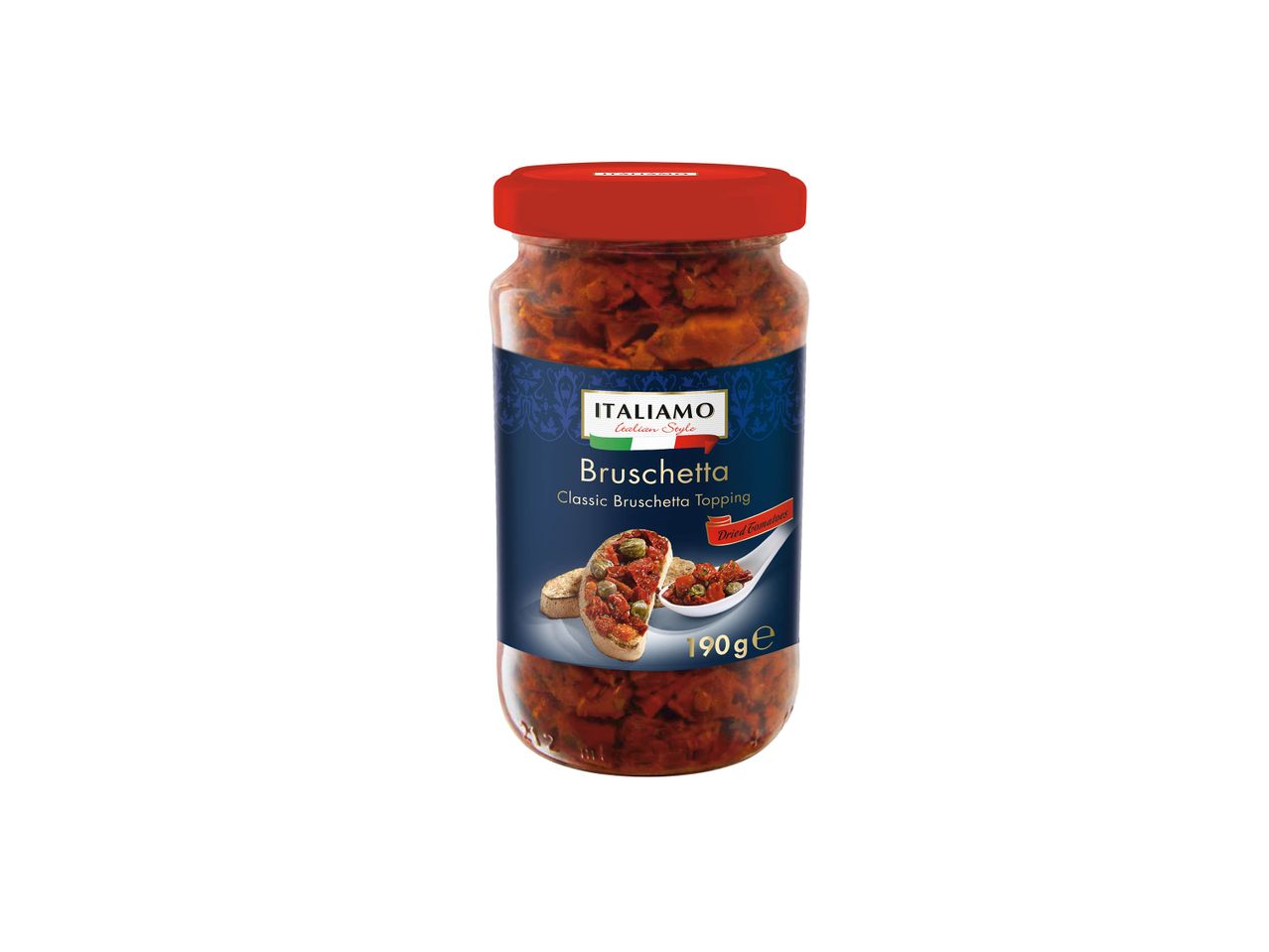 Un pot de 190g de Bruschetta Italamo, garniture classique à base de tomates séchées.
