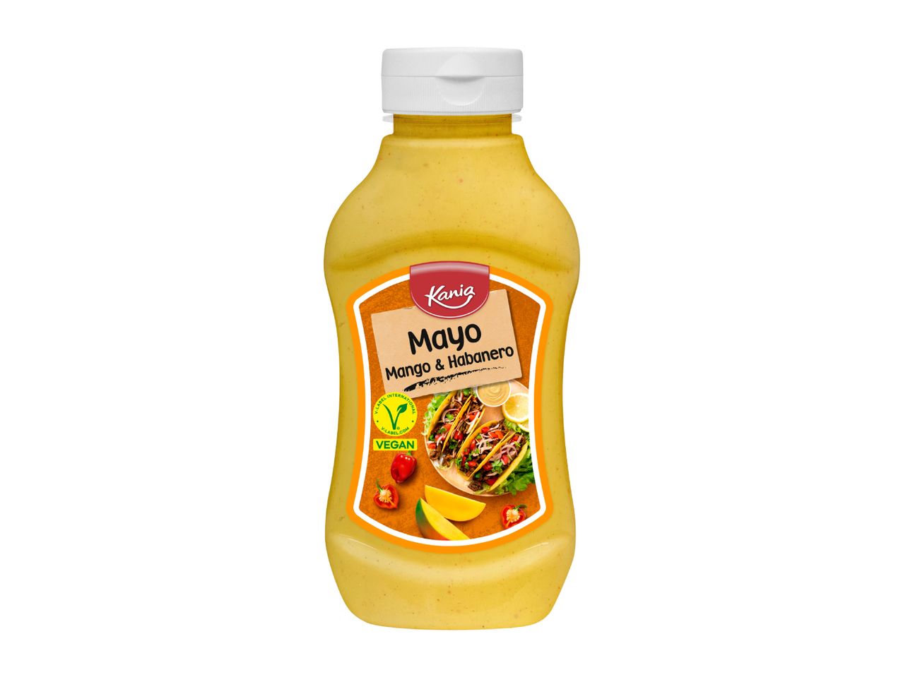 Vegan mango and habanero mayonnaise in a squeeze bottle, with tacos and mango slices on the label.
