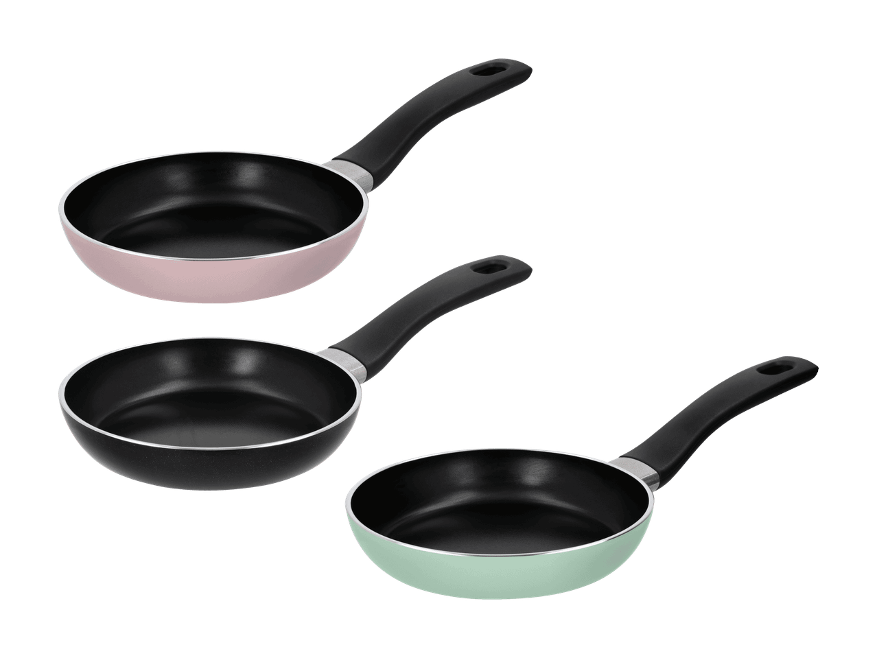 Trois poêles à frire roses, noires et vert menthe avec des manches noirs.