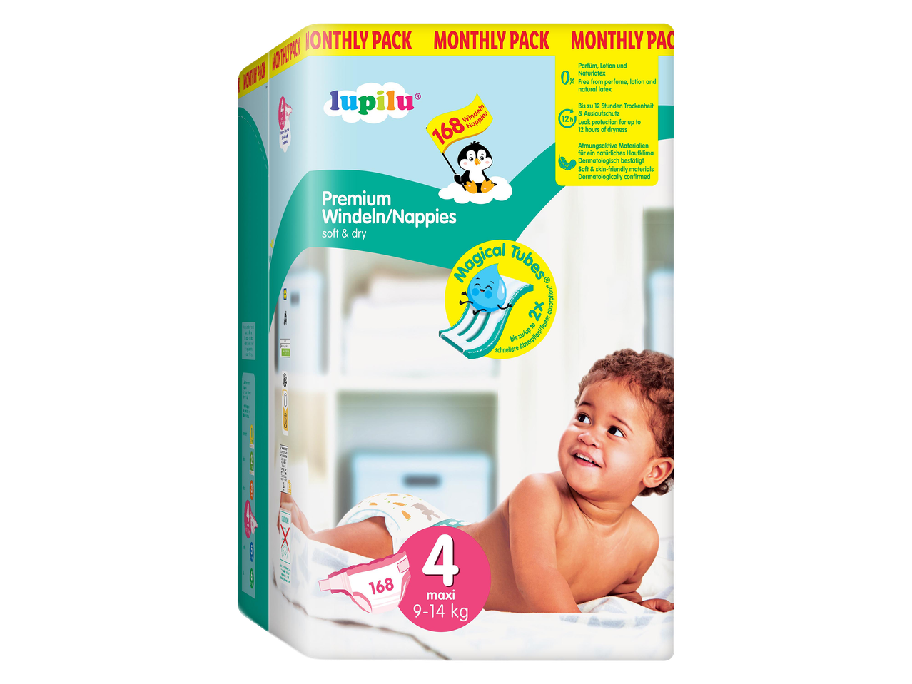Lupilu pelenkák havi csomagban, 168 darabos, 4-es méretű, 9-14 kg-os babáknak.
