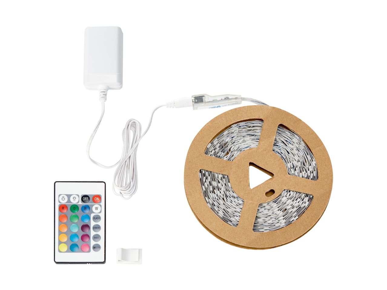 RGB LED-lysstrimler med fjernbetjening, strømforsyning og monteringsklips.