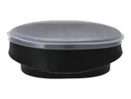 Black collapsible food container with a translucent grey lid on a white background.