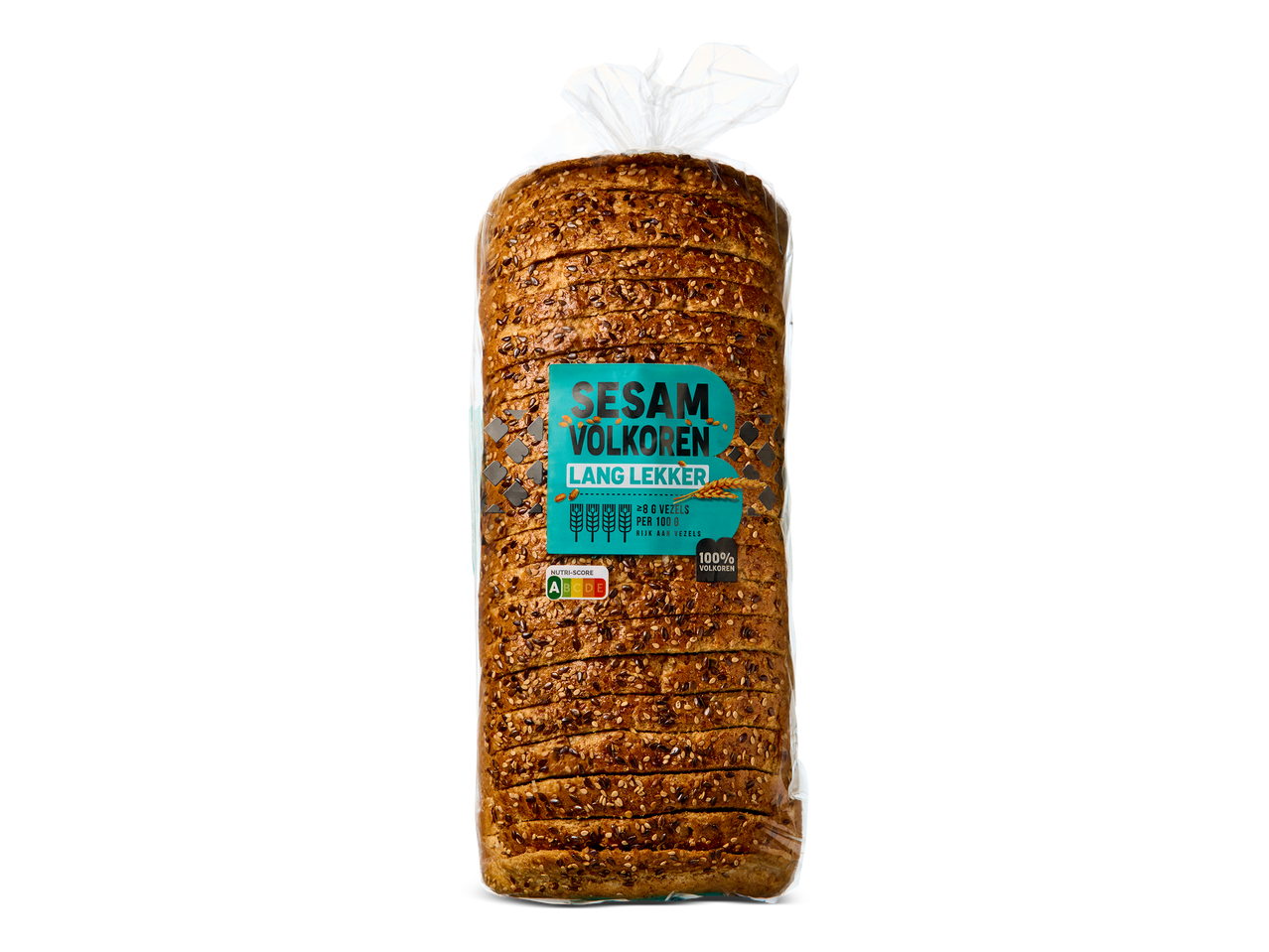 Verpakking gesneden volkorenbrood met sesamzaad en Nutri-Score A.