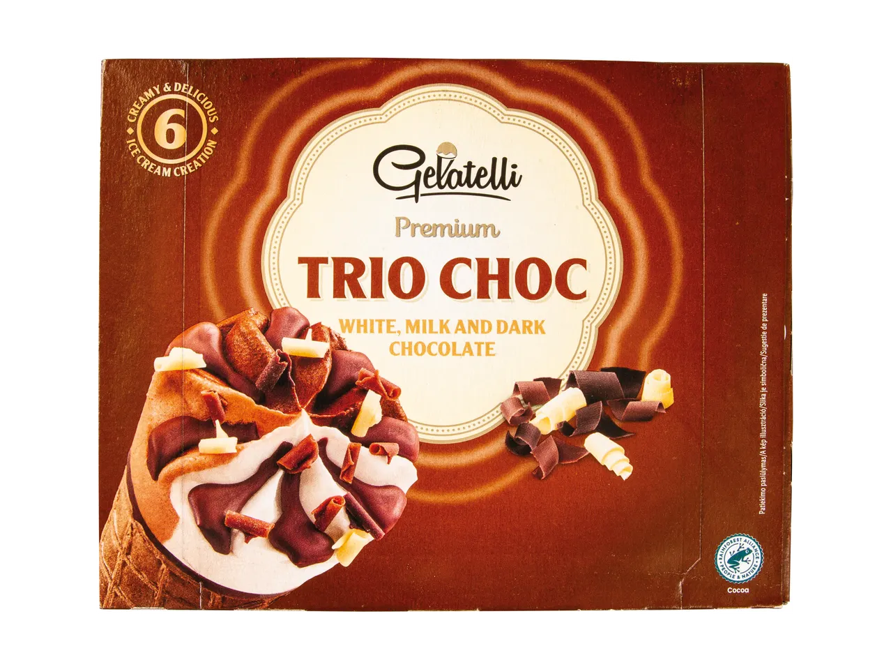 Inghețată Gelatelli Premium Trio Choc cu ciocolată albă, lapte și neagră.
