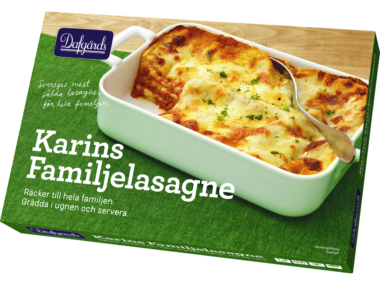 En förpackning med Karins Familjelasagne, Sveriges mest sålda lasagne, redo att gräddas.