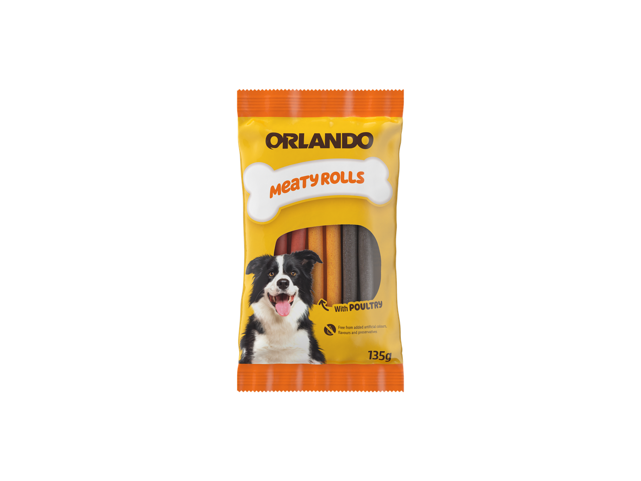 Orlando Meaty Rolls with Poultry dog treats, 135g, free from artificial colours, flavours, and preservatives.
