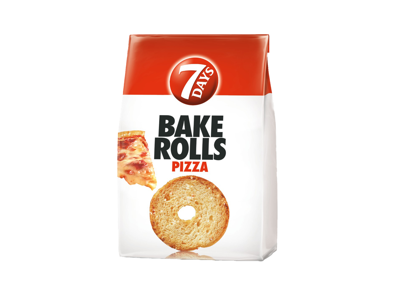 Ambalaj 7 Days Bake Rolls cu aromă de pizza, cu o felie de pizza și un bake roll.