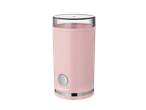 Moedor de café elétrico rosa com tampa transparente e botão prateado.