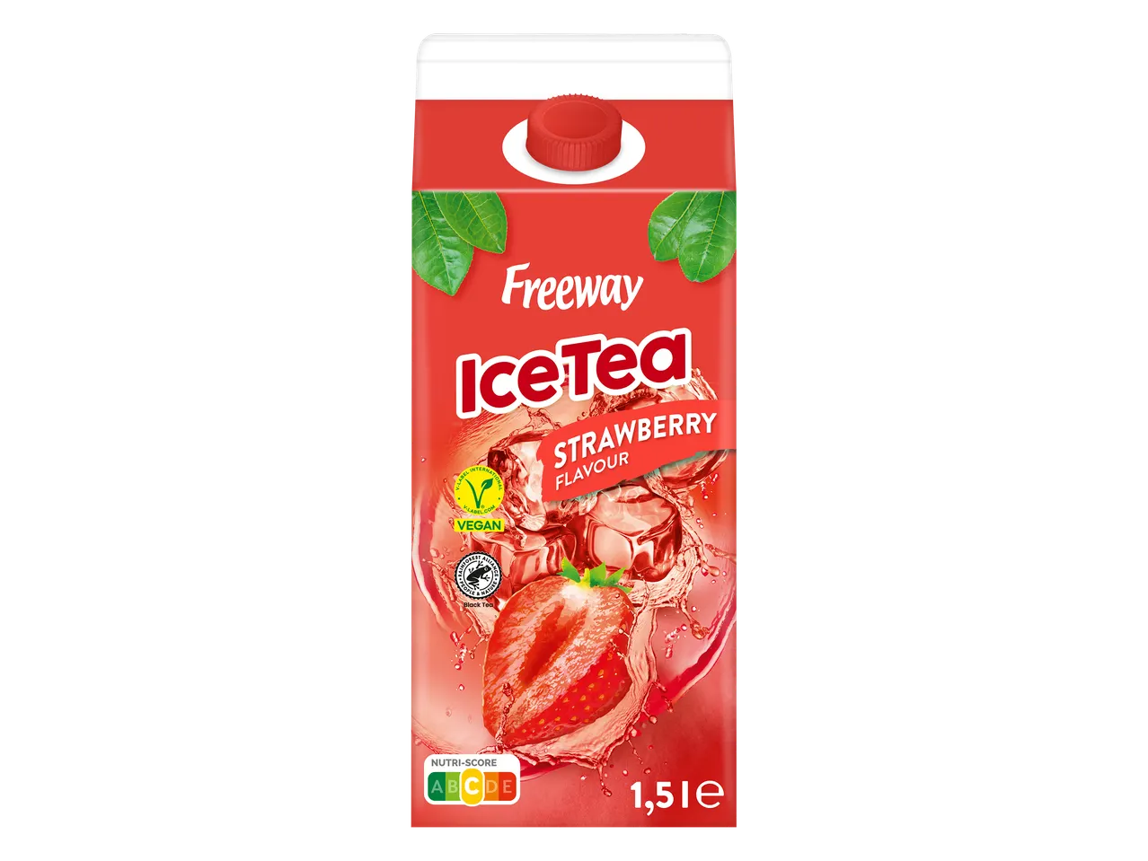 Boisson glacée au thé noir saveur fraise, avec Nutri-Score C et label vegan.